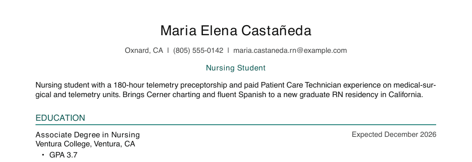 The top of Maria’s one-page resume from her kit: her name, summary and education.