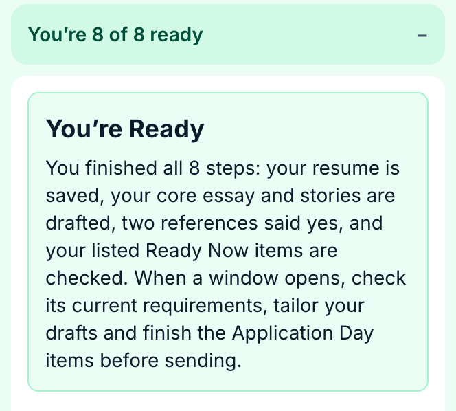 Your toolkit after all 8 steps: “You’re 8 of 8 ready,” then “You’re Ready. You finished all 8 steps: your resume is saved, your core essay and stories are drafted, two references said yes, and your listed Ready Now items are checked.”